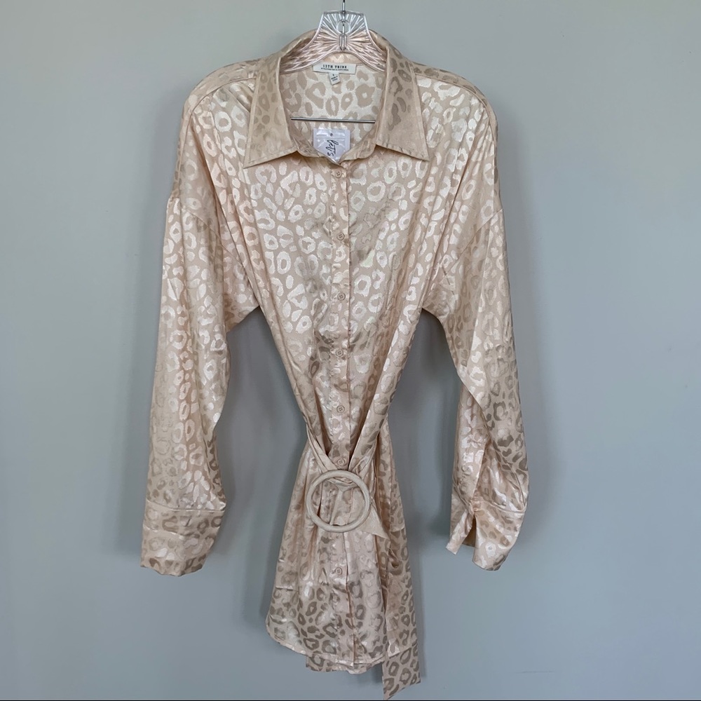 12th Tribe Cream Leopard Print Belted Button Down Top Size L NWT